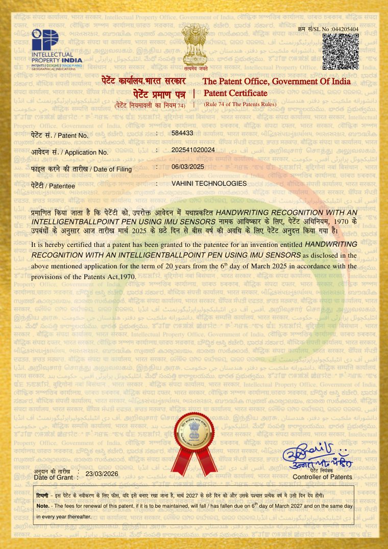 Patent Certificate issued by The Patent Office, Government of India: Patent No. 584433 granted to Vahini Technologies