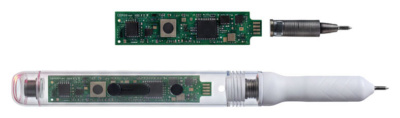 Cutaway of the Vahini sensor pen showing its internal circuit board and exploded dual-IMU sensor module