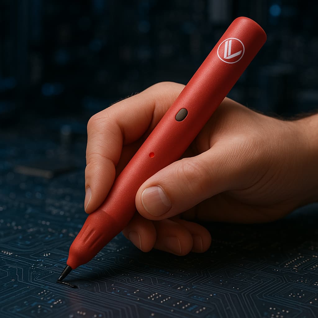 A hand writing with the red Vahini sensor pen on a circuit-board surface