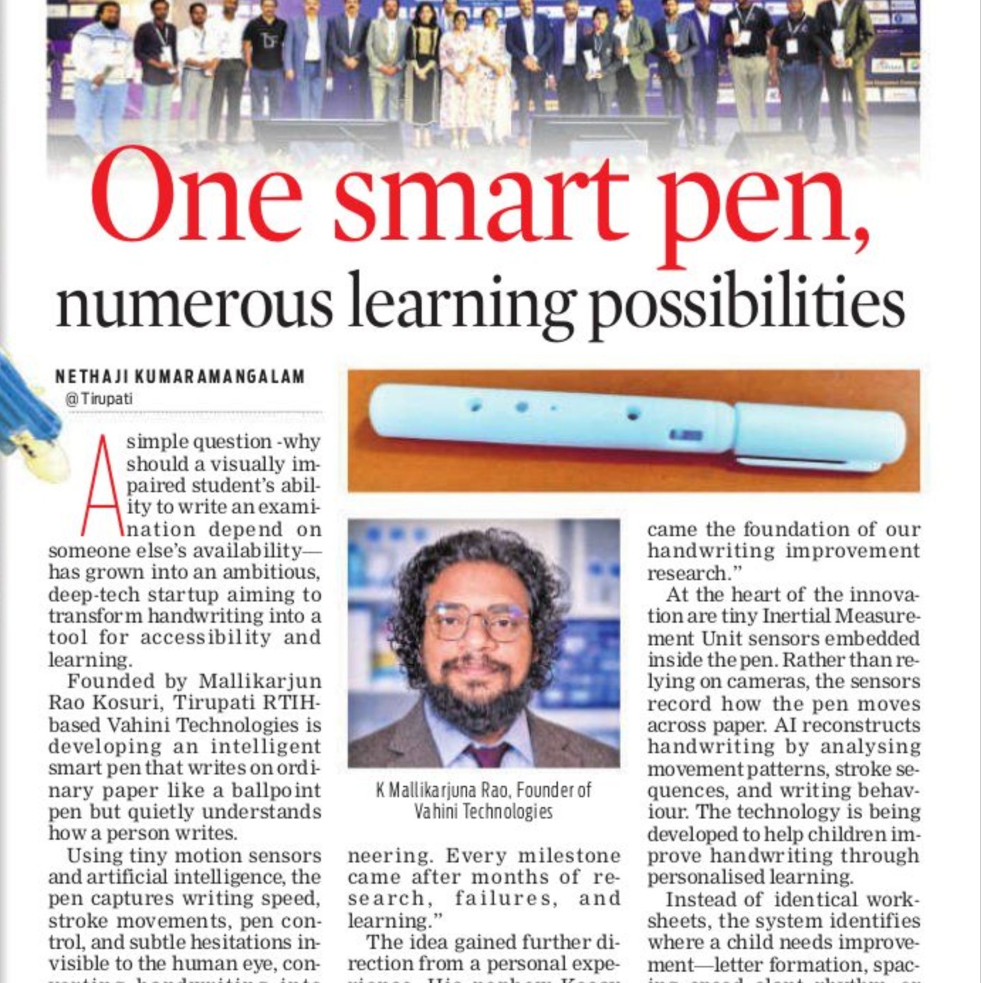 The New Indian Express clipping: "One smart pen, numerous learning possibilities", featuring the Vahini sensor pen and founder K Mallikarjuna Rao